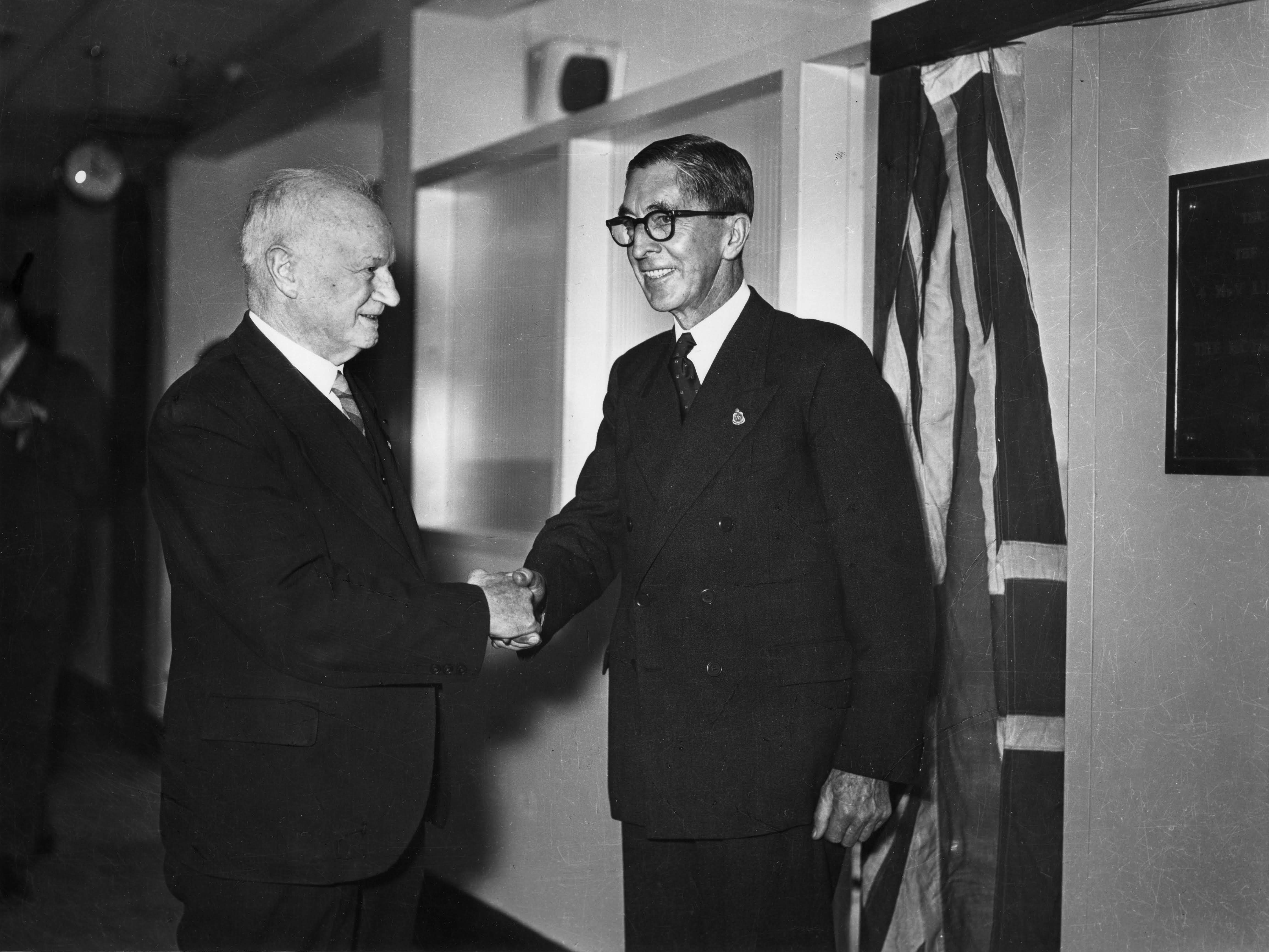 Sir Peter MacCallum with the Victorian Minister for Health, Ewen Paul Cameron MP. This photo is of the opening of the first Linear Accelerator, in 1956.
